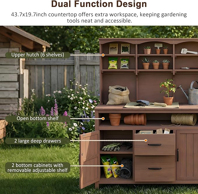 Merax 45.3" Large Outdoor Fir Wood Potting Bench with Storage, Multi-Functional Patio Kitchen Island with 6-Shelf Hutch+2 Cabinets+2 Drawers+3 Hooks, Garden Workstation for Planting, Gardening, Brown