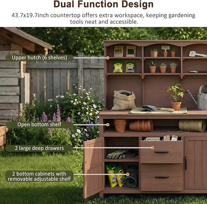 Merax 45.3" Large Outdoor Fir Wood Potting Bench with Storage, Multi-Functional Patio Kitchen Island with 6-Shelf Hutch+2 Cabinets+2 Drawers+3 Hooks, Garden Workstation for Planting, Gardening, Brown