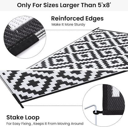 Smiry Outdoor Rug 9x12 ft Waterproof Reversible Boho Mat, Black & White | Polypropylene Plastic Straw, Quick Drying, Lightweight Foldable, for Patio, Deck, RV Camping, Backyard and Indoor Outdoor Use