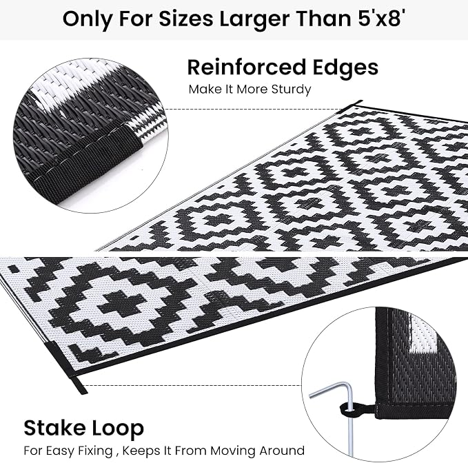 Smiry Outdoor Rug 9x18 ft Waterproof Reversible Boho Mat, Black & White | Polypropylene Plastic Straw, Quick Drying, Lightweight Foldable, for Patio, Deck, RV Camping, Backyard and Indoor Outdoor Use