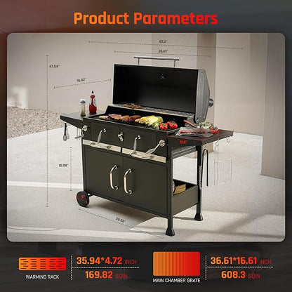 NATURAL EXPRESSIONS Charcoal Grills,36" Outdoor Barbecue Grill,Heavy Duty Dual-Zone BBQ Smoker Grill with 2 Lifting Charcoal Trays,Foldable Side Tables,Oversized Cooking Area for bbq,Yard,Party,Garden