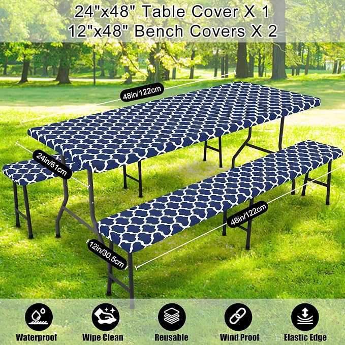 Smiry Picnic Table Cover with Bench Covers, Waterproof Elastic Fitted Tablecloth for 4 Foot Tables, Washable Polyester Tablecloths for Camping, Indoor & Outdoor (Navy, 24x48 Inch 3-pc Set)