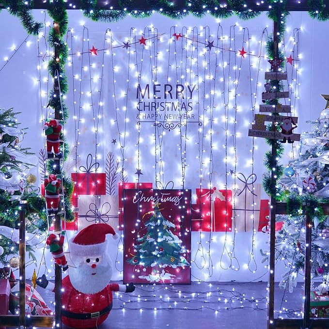 YEGUO 66ft 200 LED White String Lights Outdoor Waterproof, Green Wire Christmas Lights Indoor, 8 Modes Twinkle Tree Lights Plug in with Memory Timer