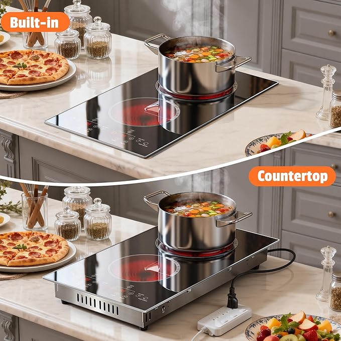 2 Burner Electric Cooktop - 110v Countertop and Built-in Electric Stove 2000W, 12 Inch Ceramic Stove with Residual Heat Indicator, Over-Temperature Protection, Knob Control, 110-120V Plug in