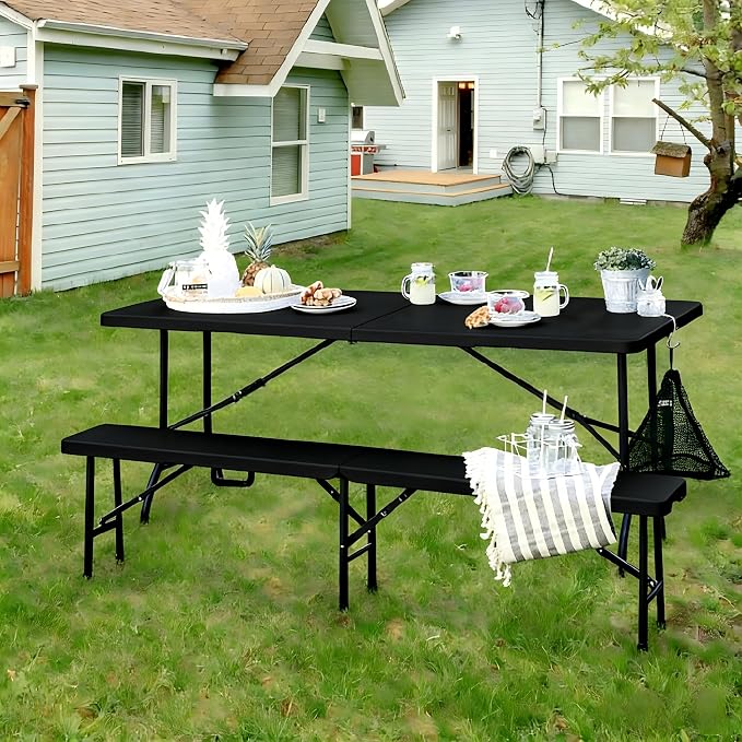 VECELO 6 ft Picini Table with Thickened Top | Removable Mesh Bag | Strong Side Support, 500lbs Weight Capacity Folding Table, Indoor & Outdoor, with Carrying Handle,Black