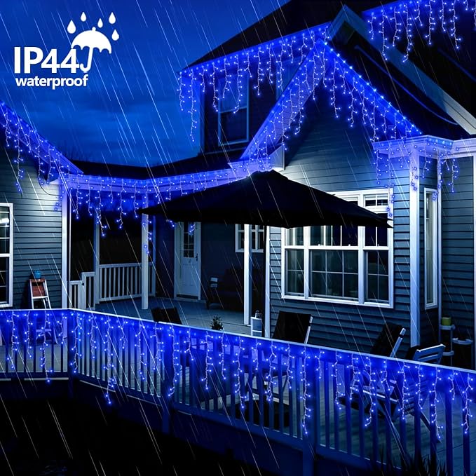 QITONG Blue Icicle Lights for Outside, 33ft 400 LED String Lights Plug in with 8 Modes, Clear Wire Connectable Icicle Christmas Light Indoor