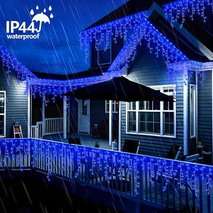 QITONG Blue Icicle Lights for Outside, 33ft 400 LED String Lights Plug in with 8 Modes, Clear Wire Connectable Icicle Christmas Light Indoor