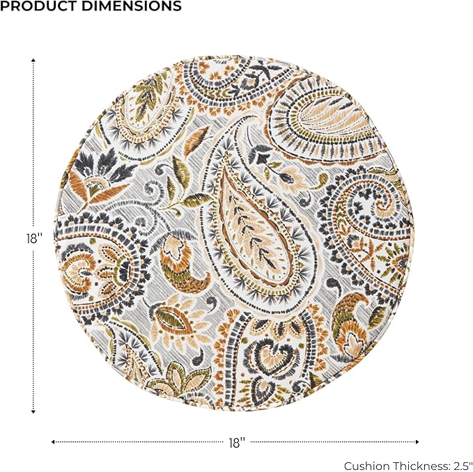 Set of 2 Outdoor 18 inch Round Patio Dining Chair Pads – Comfortable Fiber-Filled Seat Cushions with Ties, Reversible Polyester Fabric - Arctic Paisley