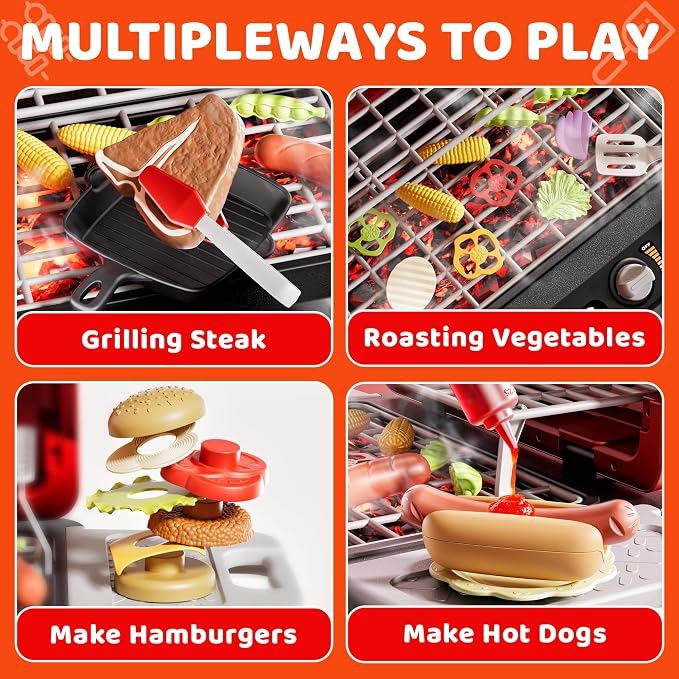 2-Tier Kids BBQ Grill Playset, Toy Grill for Kids, Outdoor Play Food | For toddlers ages 3-5, includes 35 grill accessories, play food & utensils for outdoor pretend BBQ cookout playset fun