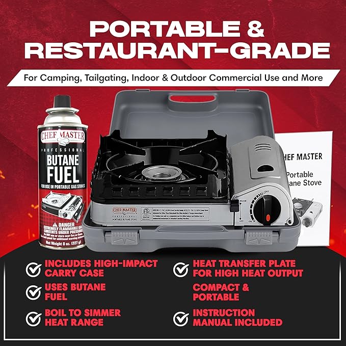 Chef Master 15,000 BTU Butane Portable Camp Stove + 4x 8oz Butane Canisters | Double Wind-Guard Portable Stove Burner w/Piezo Ignition for Emergencies, Tailgating, Hiking & Camping Essentials - 90019