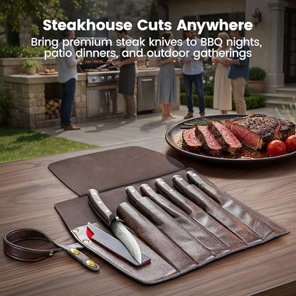 SYOKAMI Steak Knives Set of 6 with Portable Leather Roll & Individual Sheaths, 4.8 Inch Non Serrated Dinner Knives, High Carbon Stainless Steel, Full Tang Wood Handle, Gift Box for BBQ Outdoor Dining