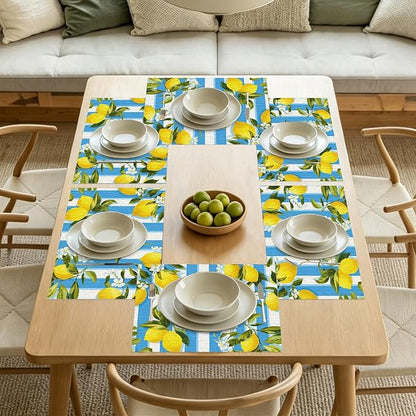 Nuxovilar Tablerunner and Placemats Set of 7 Blue-White Stripe Lemon Decor Linen Square Placemats for Dining Dining Sets and Accessories Summer Picnic, Outdoor BBQ, Breakfast Table