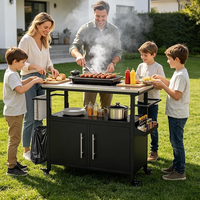 KEIKI Outdoor Grill Cart with Stainless Steel Top, Storage Cabinet & Wheel