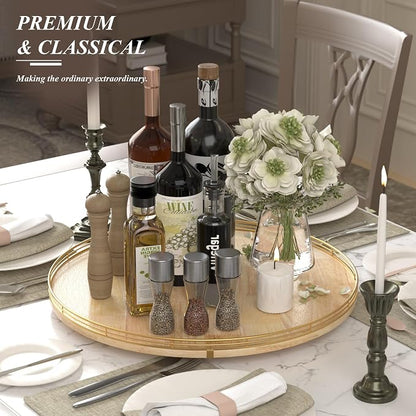 AMH 21-Inch Extra Large Lazy Susan with Oak Base and Black Iron Rail | Smooth rotating oak tray with walnut finish for dining tables, kitchen counters, pantries and cabinet storage.