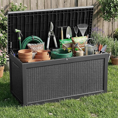 ROJIK 320 Gallon Deck Box Outdoor Waterproof,Weatherproof Outdoor Storage Boxes Lockable with Lid,Outside Resin Storage Bench for Patio Cushions,Garden Tools and Pool Accessories(Black)