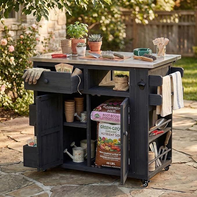Outdoor Kitchen Island with Stainless Steel Top, Extendable Solid Wood Grill Cart on Wheels, Mobile BBQ Prep Table with Storage Cabinet and Spice Rack for Patio Backyard,