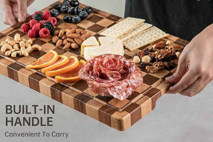 Cutting Boards for Kitchen, Checkered Wooden Cutting Board | 14"x11" Walnut End Grain Chopping Board with Juice Groove & Handle, Serving Tray for Prep Meat, Bread & Fruit