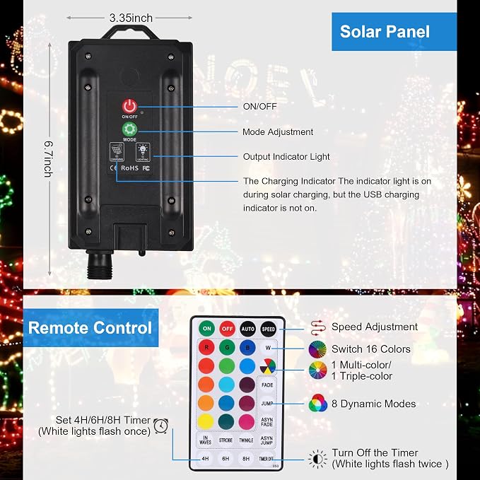XEWEA Solar String Lights Outdoor 16 Colors 66 LED 39Ft Waterproof Outdoor String Lights with 20 Modes Remote Solar Powered Crystal Globe Lights for Garden Home Party Christmas Decorations