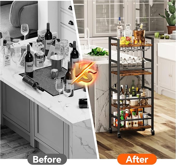 Homeiju Small Bar Cart, Home Bar Serving Cart with 4-Tier Shelf, Mobile Kitchen Shelf with Large Storage and Glass Holder, Mini Bar Cart for Small Spaces, Kitchen and Dining Room, Rustic Brown