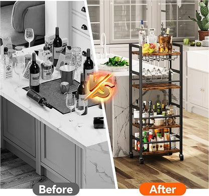 Homeiju Small Bar Cart, Home Bar Serving Cart with 4-Tier Shelf, Mobile Kitchen Shelf with Large Storage and Glass Holder, Mini Bar Cart for Small Spaces, Kitchen and Dining Room, Rustic Brown