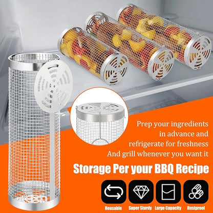 10-Piece BBQ Set: 2 Rolling Grill Baskets for Effortless Flipping, 304 Stainless Steel for Easy Clean, Sausage & Vegetables, Oil Bottle, Forks, Brushes, Outdoor Camping Grilling Accessories, Gifts for Men Dad Husband