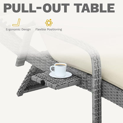 DWVO Outdoor Wicker Chaise Lounge Set of 2, Patio Lounge Chairs with Pull-Out Side Table, Rattan Pool Chair with Headrest & Armrests, 5-Level Backrest for Patio, Beach, Poolside, Beige