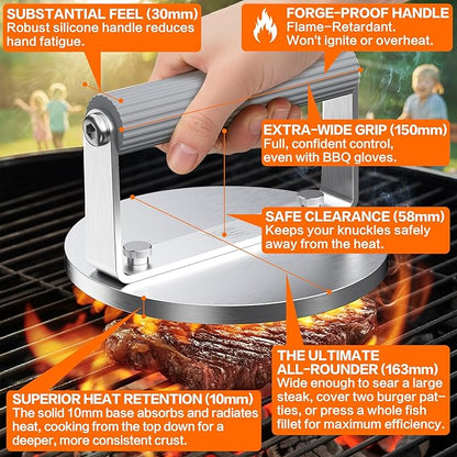 The Artisan Sear Press by QAP | Heavy Duty 1.95kg Stainless Steel Grill Press for Smashed Burgers, Steak, Fish & Salmon | Professional Meat & Seafood Weight |163mm Round BBQ Hot Plate Accessory BP1-01