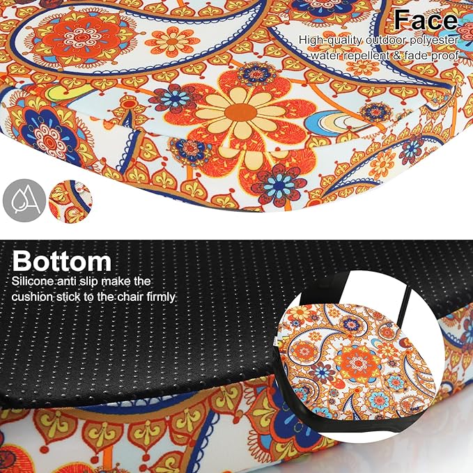 GUEGLSA Outdoor Waterproof Seat Cushions 14x14 inch, Non Slip Metal Chair Pad with Ties, U Shaped Metal Chair Cushion for Kitchen Dining Patio Chair, Set of 2, Orange Paisley