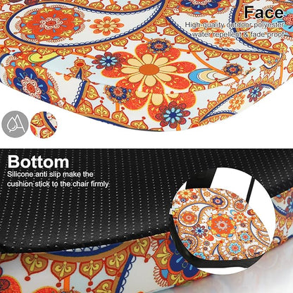 GUEGLSA Outdoor Waterproof Seat Cushions 14x14 inch, Non Slip Metal Chair Pad with Ties, U Shaped Metal Chair Cushion for Kitchen Dining Patio Chair, Set of 2, Orange Paisley