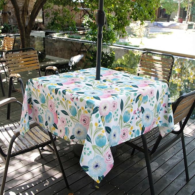 EHouseHome Outdoor Indoor 60inch SquareTablecloth with Umbrella Hole and Zipper, Waterproof Zippered Patio Table Cloths, Spring/Summer Table Covers for Backyard Circular Table/BBQs/Picnic