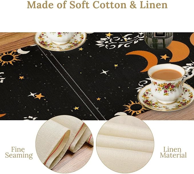 Boho Moon Phase Flower Kitchen Table Runner Non-Slip Rectangle Kitchen Black Bohemian Floral Printed Pattern for CoffeeDiningPartyWedding Table 13x70Inch