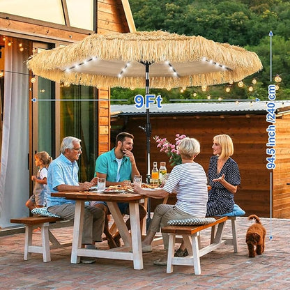 9 FT Solar Thatch Tiki Umbrella, Hawaiian Style Straw Umbrellas with Zinc Alloy Push Button Tilt, UPF 50+ Patio Umbrella,Outdoor Umbrella with 32 LED Lights for Beach, Pool,Garden