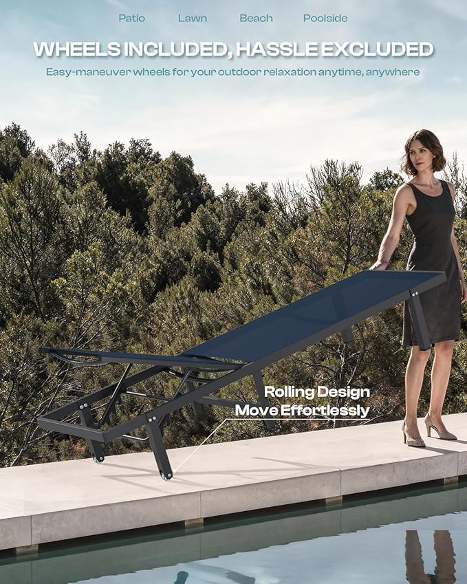 Lounge Chair Outdoor with Wheels, Aluminum Patio Chaise Lounge Chair with 5 Adjustable Backrest - Easy to Move- Pool Lounge Chairs for Deck, Beach, Poolside (NavyBlue)