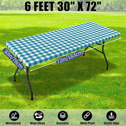 Smiry Picnic Table Cloth 2 Pack, Waterproof Elastic Fitted Tablecloths for 6FT Rectangle Tables, Washable Polyester Buffalo Plaid Tablecloth for Camping & Outdoor (Turquoise & White, 30" x 72")