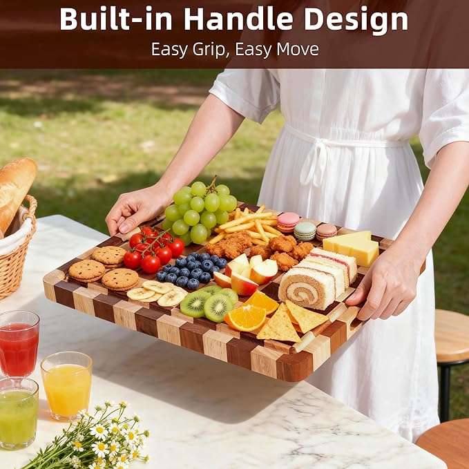 Checkered Cutting Board, Wooden Checkerboard Cutting Board for Kitchen 16 x 12 x 1", Rubber Wood Butcher Block Chopping Board with Juice Grooves & Handles for Meat, Vegetables & Cheese