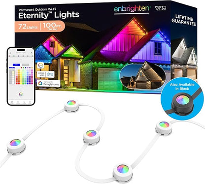 Enbrighten Eternity Permanent Outdoor Lights, 100ft with 72 RGBWIC LED Lights, App‑Controlled, Cuttable, Christmas, Accent & Year‑Round Eave Lighting, Works with Alexa & Google Home, 81103