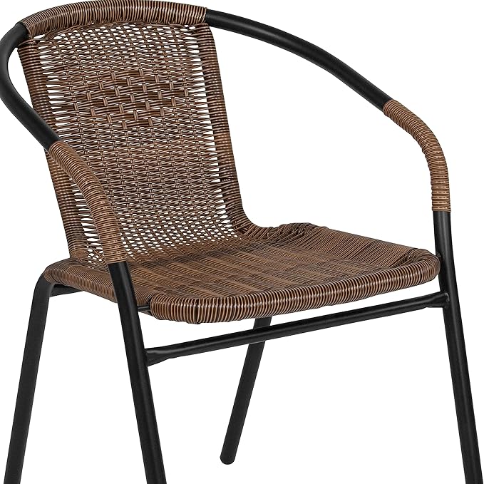 Flash Furniture Lila 28'' Square Glass Metal Table with Dark Brown Rattan Edging and 4 Dark Brown Rattan Stack Chairs