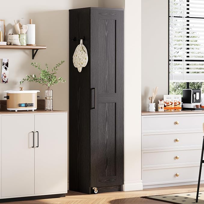 IRONCK Narrow Kitchen Pantry Cabinet, 72" H,Slim for Small Place, Black | Single Door with 6 Adjustable Shelves, Door Rack and Wheels, Space Saving Freestanding Storage Floor Cabinet
