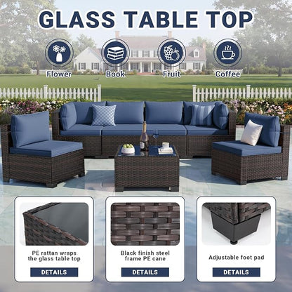 LAFWELL 7 Pieces Outdoor Patio Furniture Sets,Rattan Conversation Sectional Set,Manual Weaving Wicker Patio Sofa with Tea Table