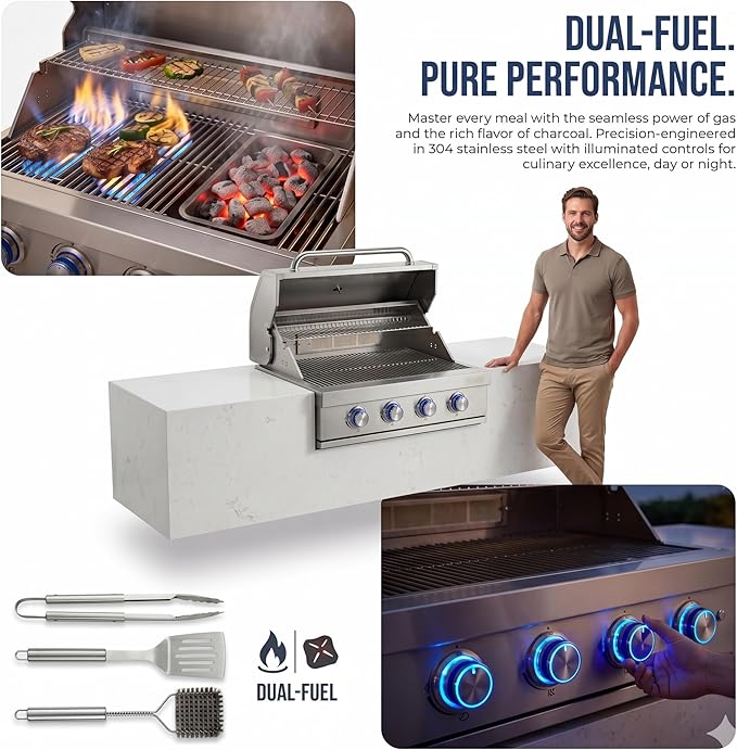 27 In Built-in Outdoor Gas BBQ Grill, 4-BurnerStainless Steel Drop-in Grill with LED Ambient Lighting, 304 Brushed Stainless Steel, Heavy Duty Outdoor Kitchen Island Grill