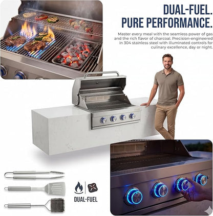 27 In Built-in Outdoor Gas BBQ Grill, 4-BurnerStainless Steel Drop-in Grill with LED Ambient Lighting, 304 Brushed Stainless Steel, Heavy Duty Outdoor Kitchen Island Grill