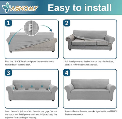 Asnomy Stretch Couch Covers Washable, loveseat Cover Slipcovers,Silver | 1-Piece Sofa Cover(55"-78") loveseat cover Furniture Protector Soft Jacquard,Non-Slip Elastic Bottom for Dogs & Kids