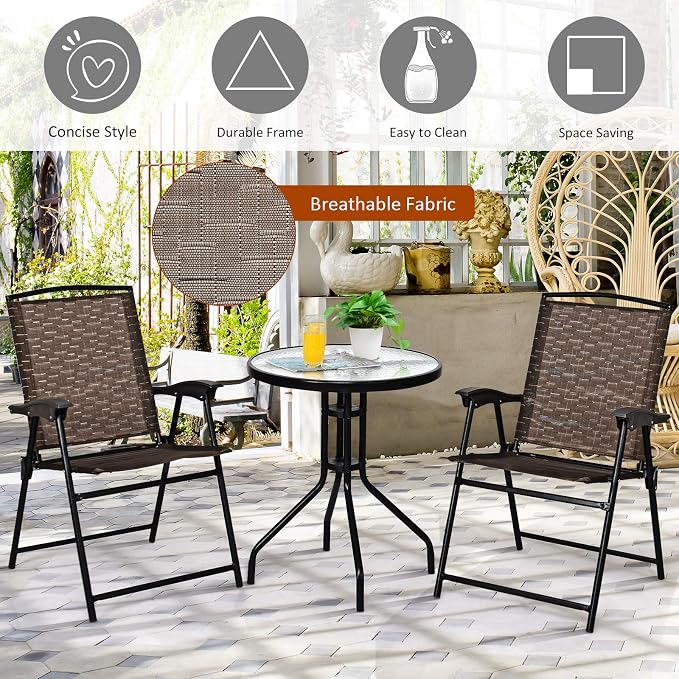 LDAILY LUARANE 3 Piece Patio Bistro Set, Outdoor Table and Chairs Set, 2 Folding Chairs & Coffee Table w/Textured Glass Tabletop, Small Patio Furniture Set for Balcony, Front Porch, Backyard & Garden