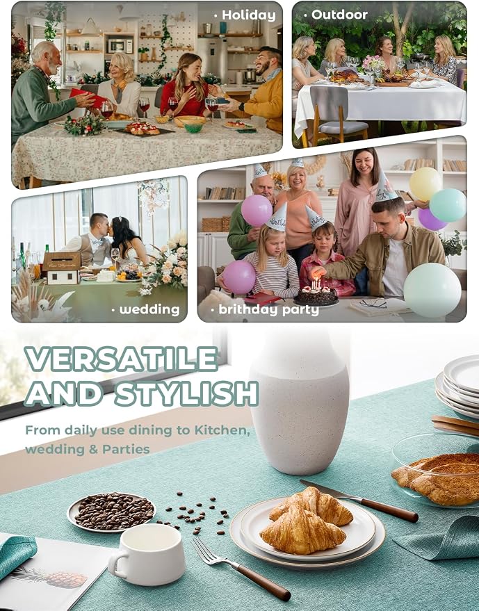 Decorelia Faux Linen Farmhouse Table Cloth 60"x144" for 10 ft Rectangle Table, Aqua Waterproof Outdoor Washable Cloth Tablecloth for Rectangular Dining Room Kitchen Outdoor Party Restaurant Table