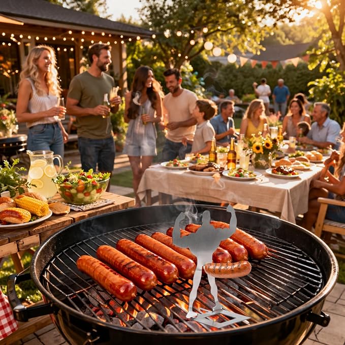 4 PCS Funny BBQ Muscle Man Hot Dog Holders-Reusable Stainless Steel Sausage Stands-Portable Hot Dog Roasters-Barbecue Grill Accessories for Camping & Party Gifts (6, Silver)