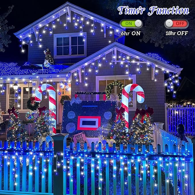 QITONG Blue and White Icicle Lights for Outside, 66ft 800 LED String Light Indoor Plug in, 8 Modes Connectable Icicle Christmas Light Clear Wire