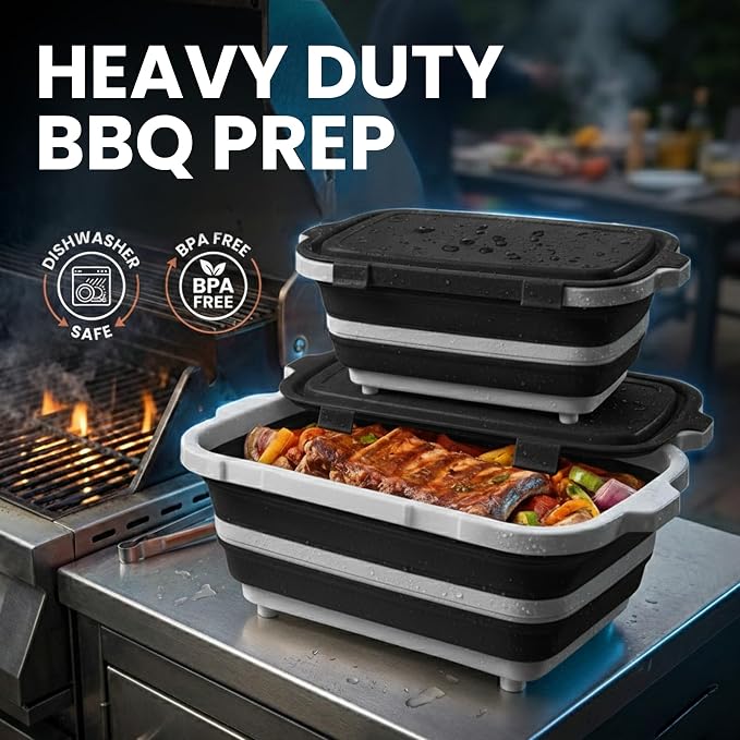 BBQ Prep Tub 2 Pack (8L+16L) - Multifunctional Collapsible Camping Cutting Board with Upgraded Locking lid, Meal Prep Meat Storage Container Perfect for Grilling, Outdoor Cooking (Large + XL)