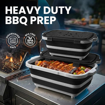BBQ Prep Tub 2 Pack (8L+16L) - Multifunctional Collapsible Camping Cutting Board with Upgraded Locking lid, Meal Prep Meat Storage Container Perfect for Grilling, Outdoor Cooking (Large + XL)