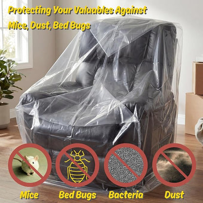 Wowfit 4mil Furniture Cover for Moving, Chair Storage Bag, 34Wx42.1Dx65/48H | With Tape Strips & Labels, Clear, Heavy Duty, Waterproof, Dustproof, Reusable, Recliner/Accent Chair, Patio/Garage, Pet Guard
