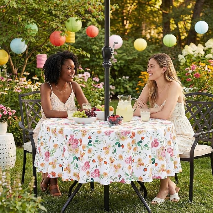 SquarePie 70 inch Round Outdoor Tablecloth with Umbrella Hole - Water Resistant SpillProof Patio Table Cover for Spring Summer Garden Camping Poolside Picnic BBQS, Rose Floral